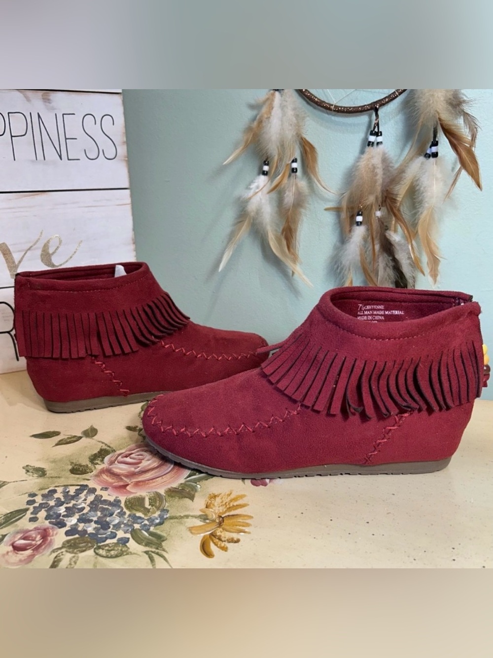 Maroon Dark Red Faux Suede Fringe Beaded Boho Ankle Boots Cheyenne